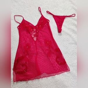 Victoria's Secret Pink Label Camisole Teddy Peignoir Set Red Lace Sm Ex